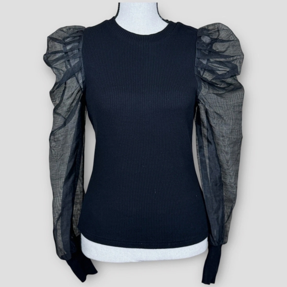 Anthropologie Dolan Sheer Organza Puff Sleeve Black Ribbed Knit Top XL